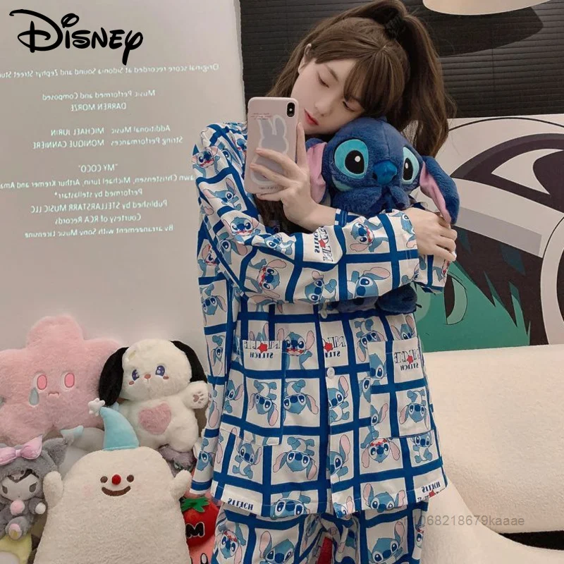 

Disney Cartoon Stitch New Clothes Homewear Luxury 2 Piece Set Women Cotton Long Sleeve Top Shirts Trousers Y2k Fashion Pajamas