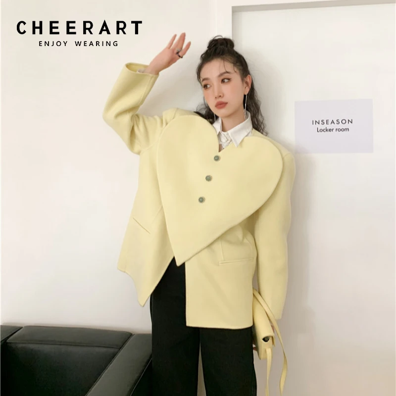 

CHEERART светильник-желтое высокомодное шерстяное Смешанное пальто с V-образным вырезом куртки для женщин 2021 на одной пуговице с сердечками вер...