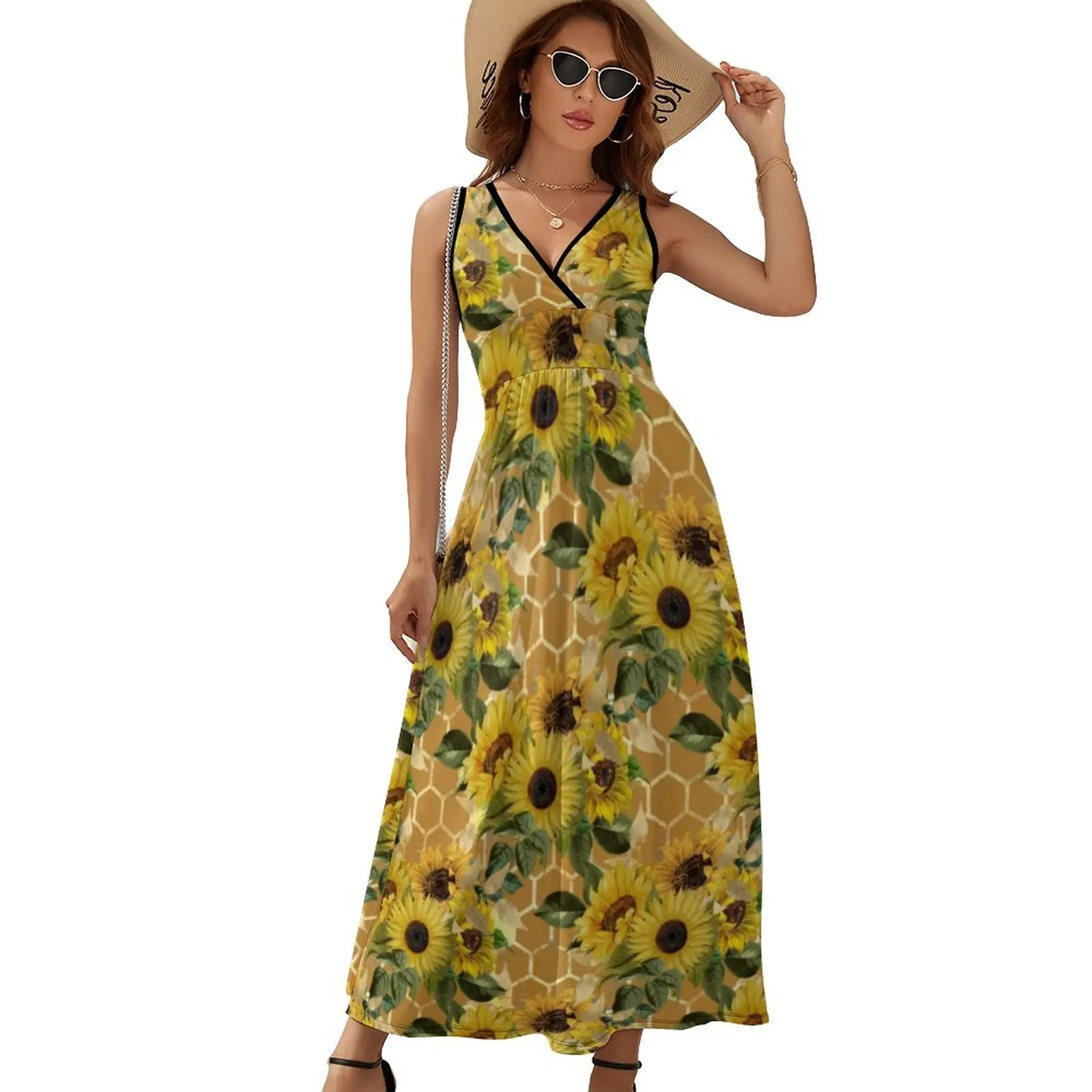 

Wild Sunflower Dress Yellow Flowers Print Trendy Maxi Dress V Neck Bohemia Long Dresses Sleeveless Simple Oversized Vestido