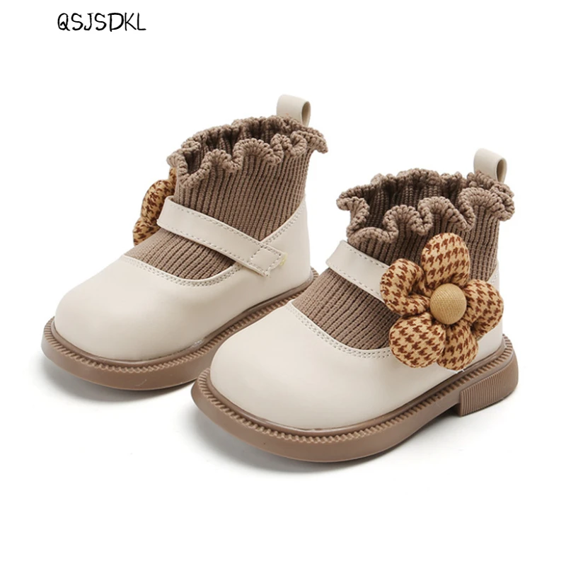 Shoes for Girls 2023 New Spring/Autumn Baby Shoes Leather Cute Flower Princess Girls Shoes Soft Sole Fashion Toddler Kids Boots