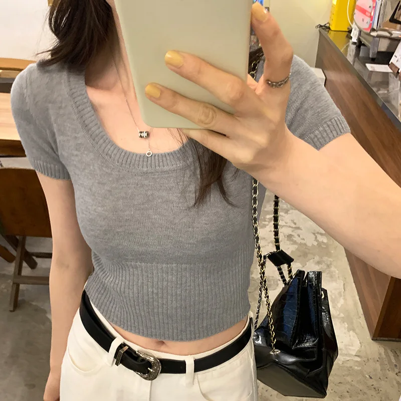 Вязаная футболка с коротким рукавом женская летняя французская обтягивающая