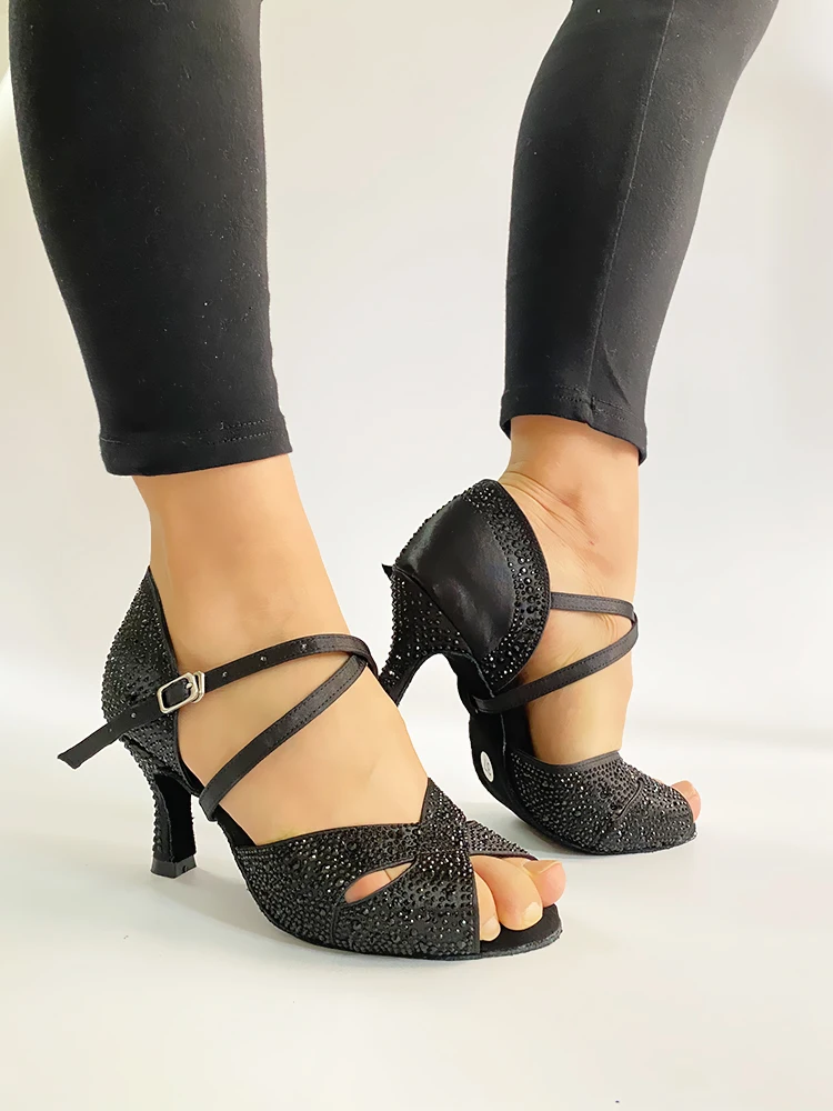 Woman Rhinestone Latin Social Dance Shoes Black Bachata Salsa Dancing Shoes for Party Girls Soft Ballroom Salsa Latino Shoes