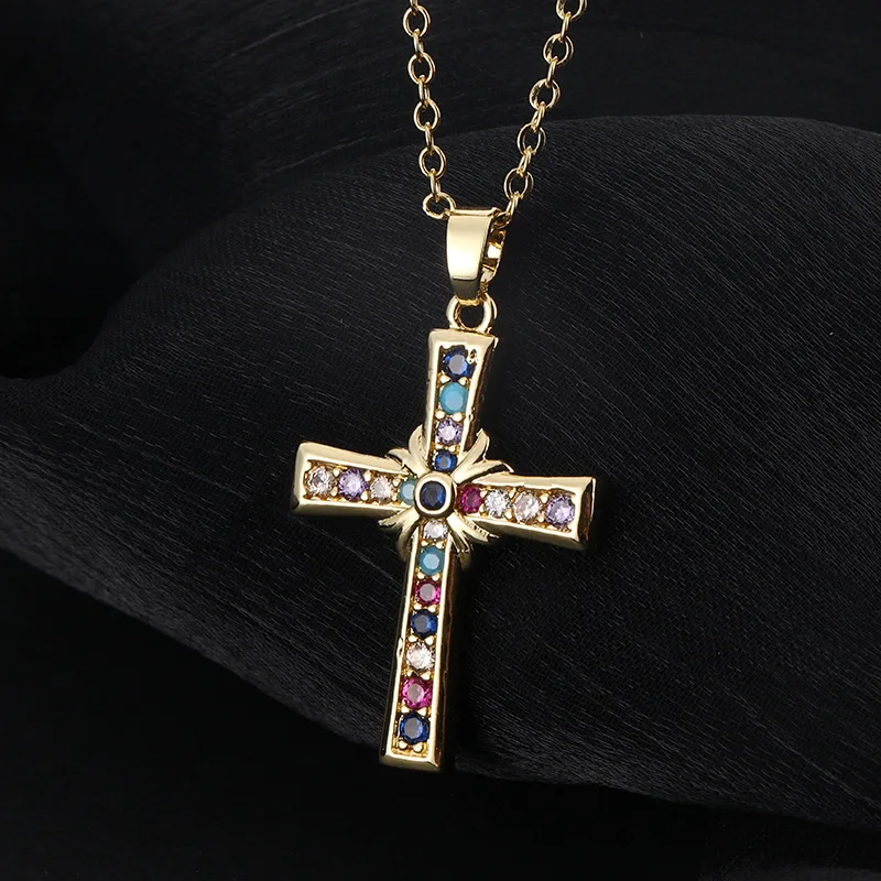 Vintage Luxury Crystal Cross Necklace Gold Retro Collier Croix Necklaces	for Women Collares Pendants Jewelry Cadena Accessoires