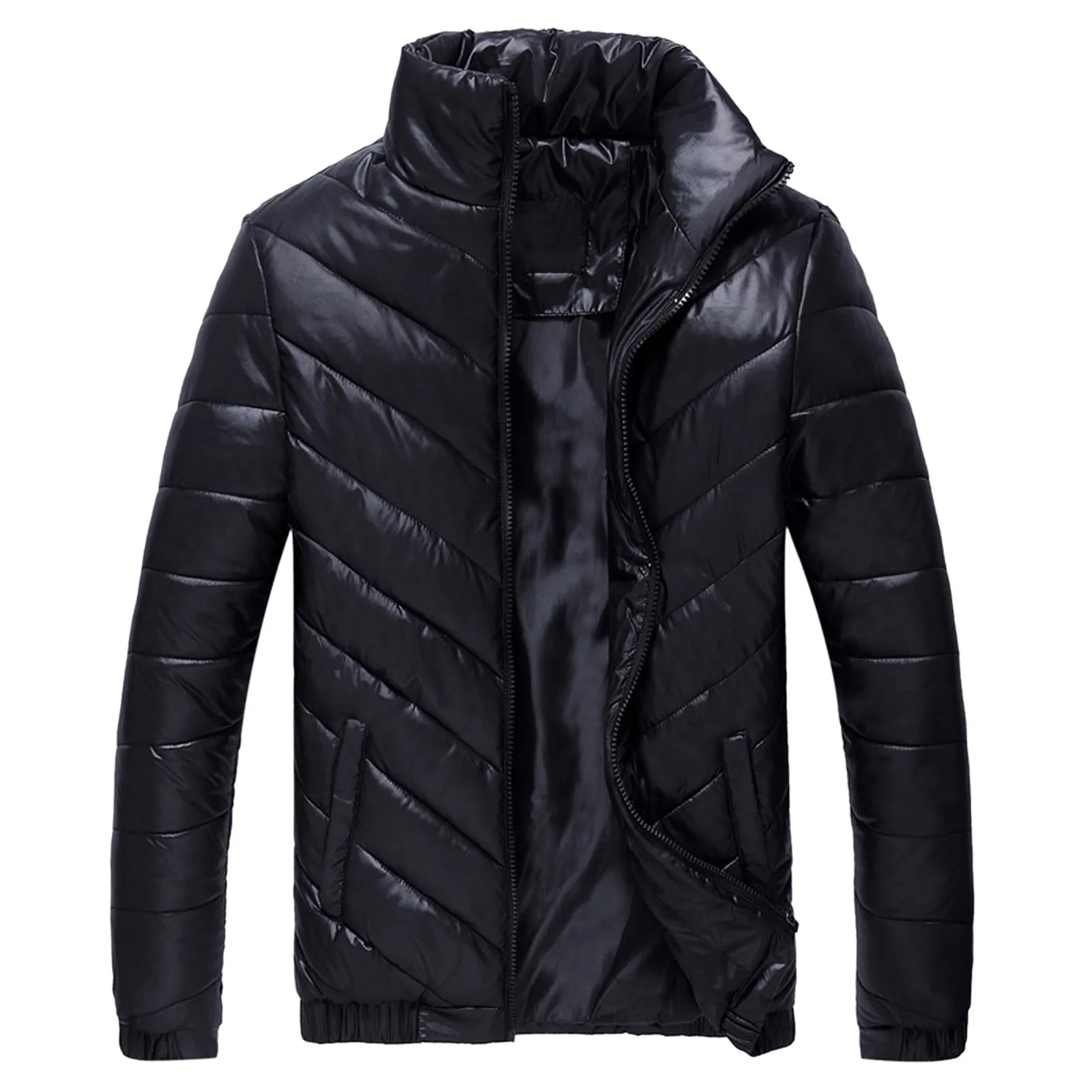 

Men Striped Solid Color Outwear Fashion Casual Thicken Winter Jacket Warm Zipper Stand Collar Coat With Pocket