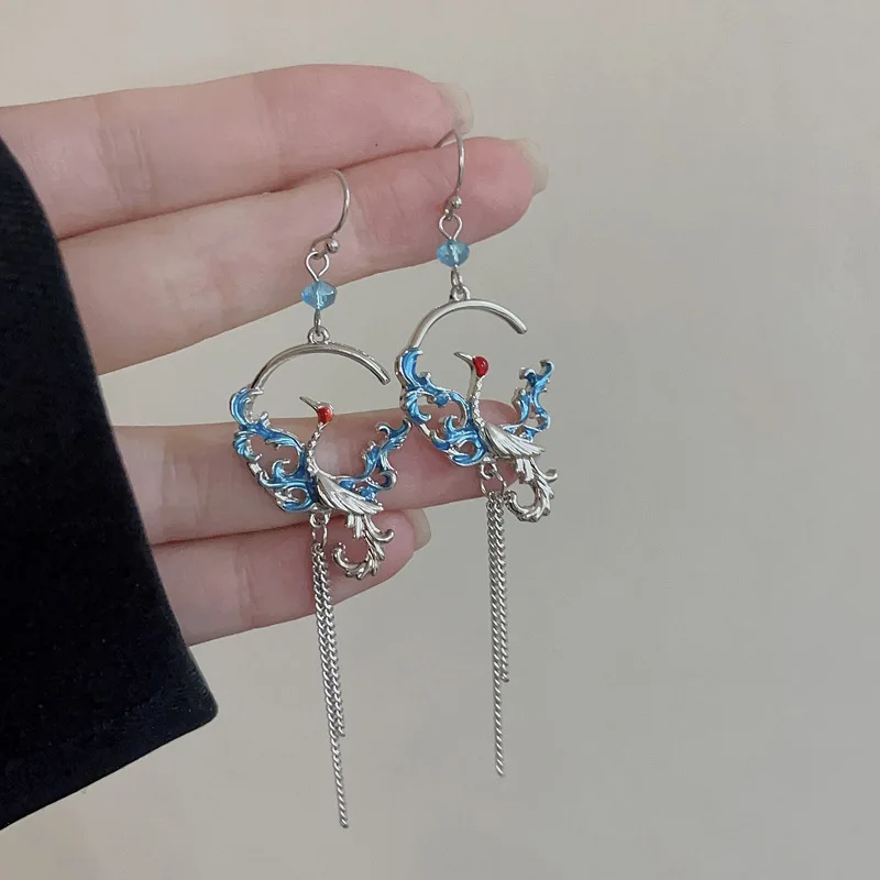

Chinese Style Ancient Animal Crane Ethnic Earrings For Women Girls Tassel Enamel Painted Colorful Delicate Earrings Jewelry Gift
