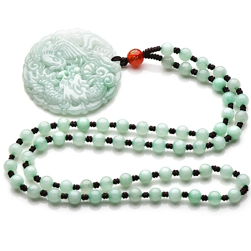 A Grade Gemstone Burmese Emerald Pendant Dragon Phoenix Amulet Lucky Jade Bead Hanging Necklace