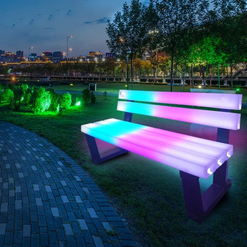 REAQ LED Glow Waiting Chair Sets Commercial Home Outdoor Furniture PE Plastic Park Bench Luminous Garden Long Seat Riq-C19  - buy with discount