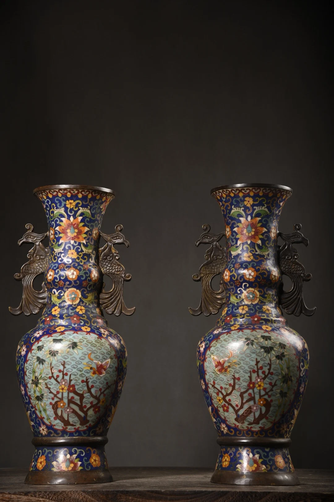 

17"Tibet Temple Collection Old purple Bronze Cloisonne Enamel plum blossom Phoenix ear Appreciating Bottles Vase A pair