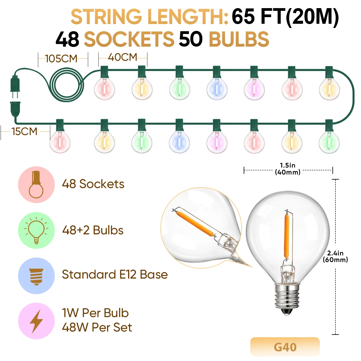 

Многоцветный светодиодный гирляндный светильник Grensk G40, 220 В, 1 Вт