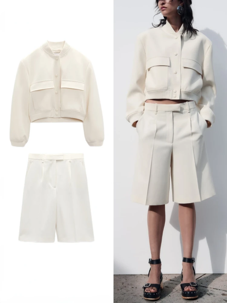 

ZBZA Women's New Ladies Set Big Pocket Round Neck Long Sleeve Short Bomber Jacket Pleated Design High Waist Long Casual Shorts