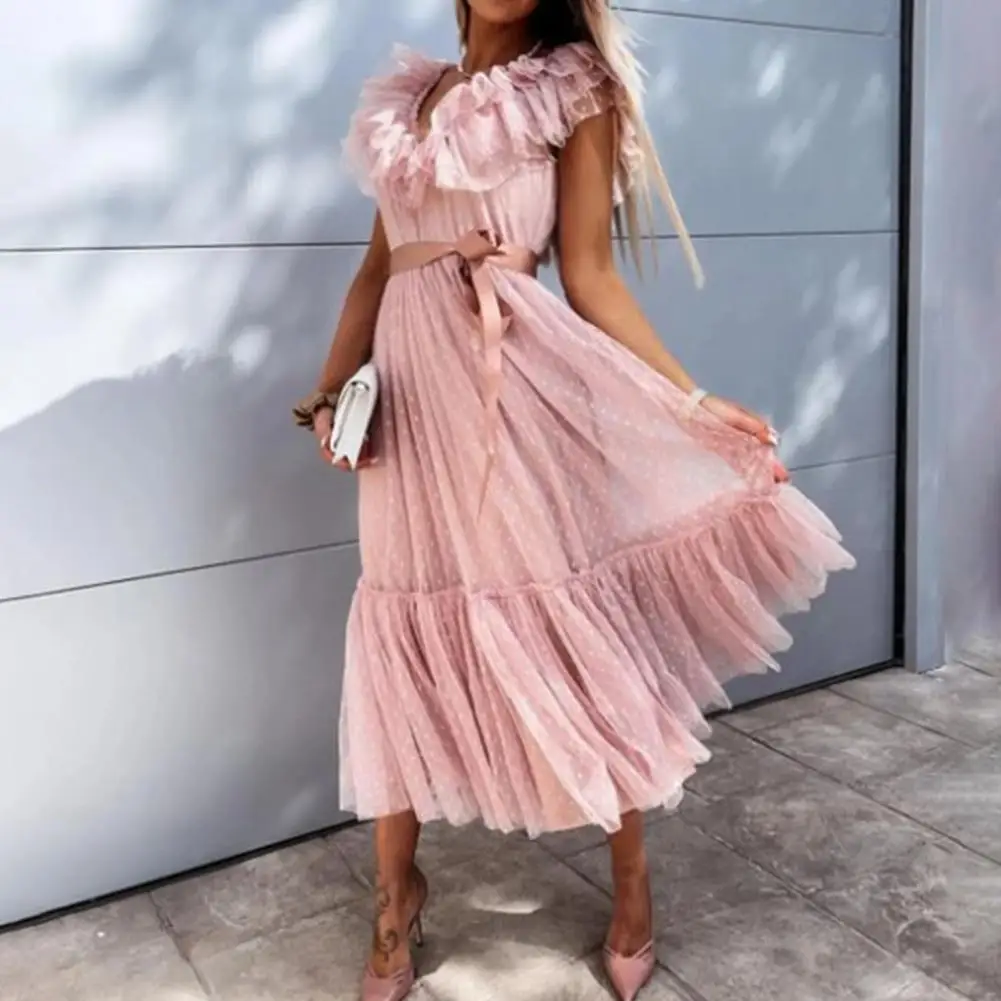 

Long Dress for Banquet Short Sleeve Dress Women Elegant Formal V Neck Pleated Long Dresses Belt Large Hem for Banquet/Evening Pa
