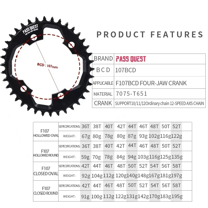 PASS QUEST-Round Crankset Black для горного велосипеда Force Crank 9-12 Speed цепное колесо AXS MTB Monoplate 36-52T