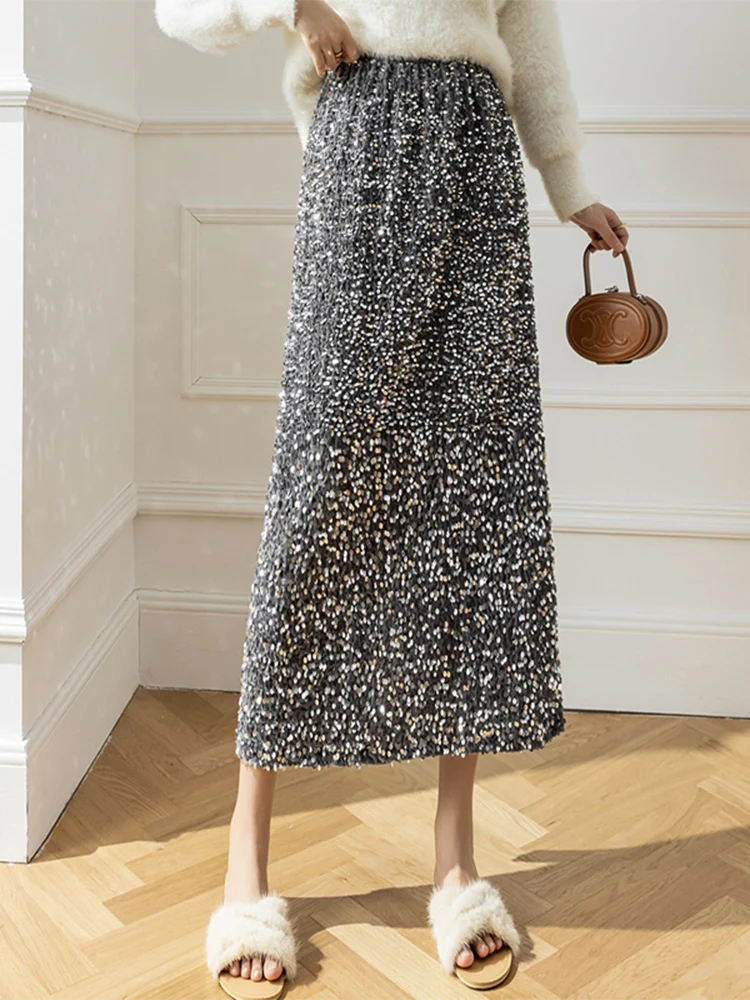 

velvet sequin skirt for women's middle and long elastic waist split A-line buttock skirt for Korean fashion women's clothing