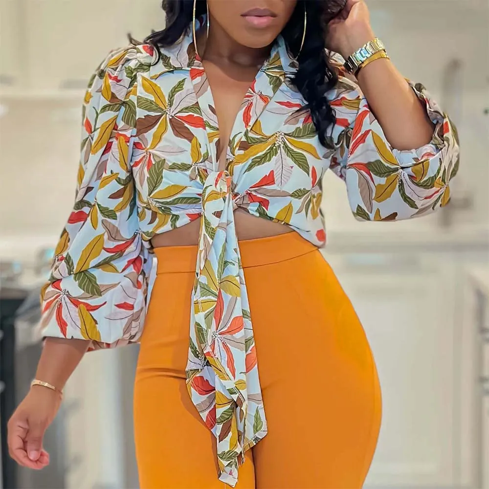 Модная женская блузка с принтом однобортная отложным воротником и длинными