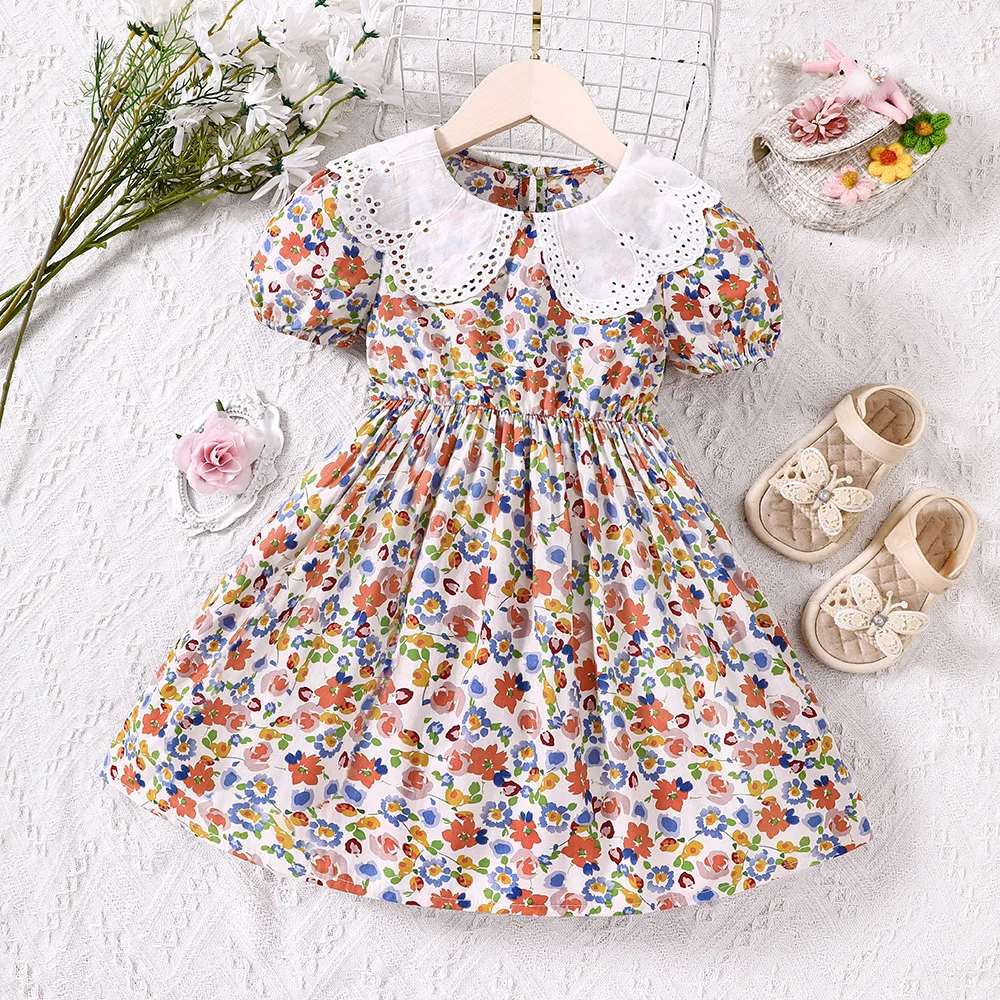 

Summer Flower Print Dress Girl Lapel Collar Casual Dresses Children's Clothing Fashion Floral Clothes Kid Girl's Vintage Dress