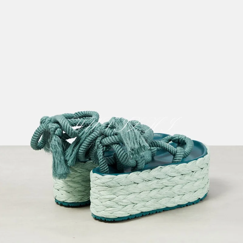 Apricot High Flat Espadarille Women Woven Cross Strap Sandals Open Tassel-Tie Gladiator Slingback Round Toe Hollow Casual Shoes