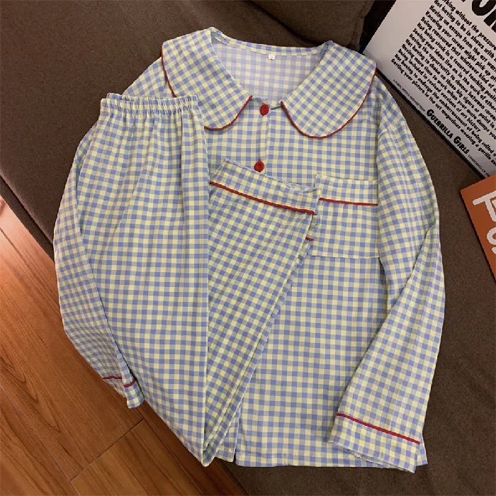 CAIYIER Winter Women Nightwear Sets Long Sleeve Korean Ulzzang Sleepwear Grid Print Soft Sleepwear Ladies Leisure Sweet Homewear
