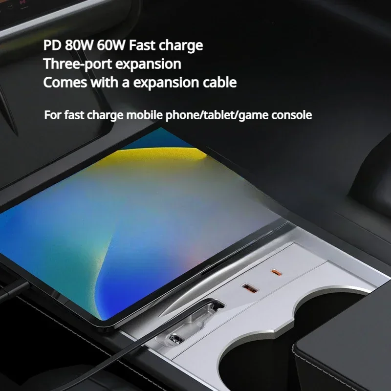 Фото Док-станция для Tesla Model Y Juniper/Model 3+ USB-концентратор Док-станция 80 Вт PD Type C Центральное управление Расширение быстрой зарядки №2