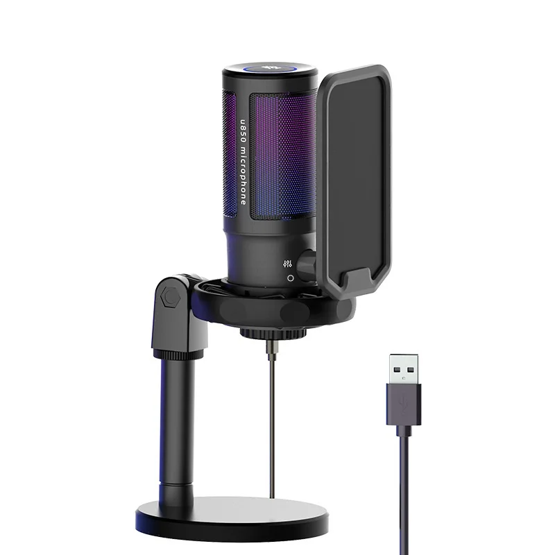 Профессиональный Настольный конденсаторный USB-микрофон U850 RGB, настольный проводной микрофон с амортизационным креплением и штативом