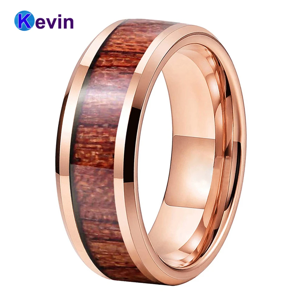 Nice Wood Ring Mens Womens Tungsten Wedding Band Rose Gold Color With Rosewood Inlay 6MM 8MM Comfort Fit