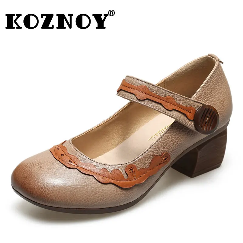 

Koznoy 3cm Retro Cow Genuine Leather Ethnic Round Toe Shallow Women Block Heel Mixed Color Summer Ladies Big Size Hook Shoes