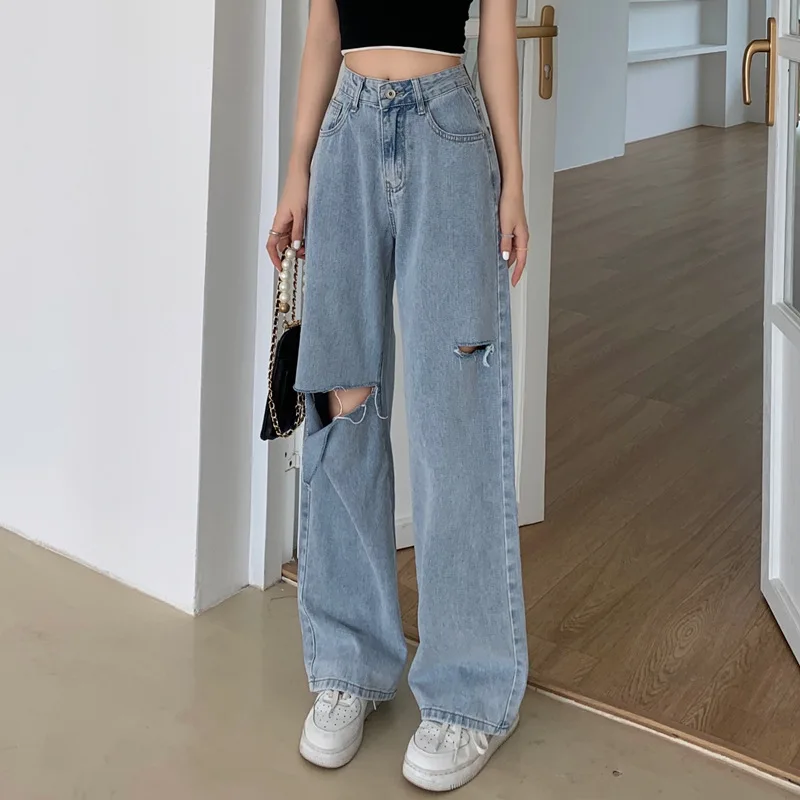 Fashion Ripped Jeans Women's Tide Loose Wide-leg Pants Summer 2022 New High-waisted Thin Straight-leg women Pants Trousers