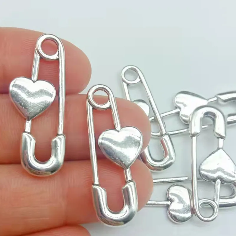 

10pcs Charms Pin Brooch With Heart 30x12mm Antique Silver Color Pendants DIY Crafts Making Findings Handmade Tibetan Jewelry