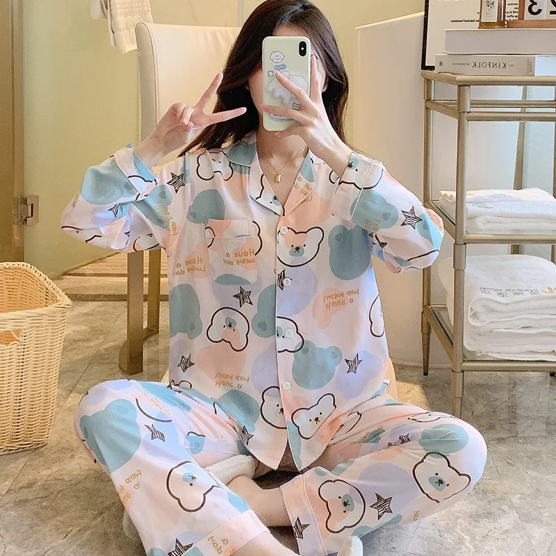 2023 New Cardigan Cotton Silk Pajamas Female Spring Autumn Thin Clothes Sweet Maiden Pijama Suit Summer