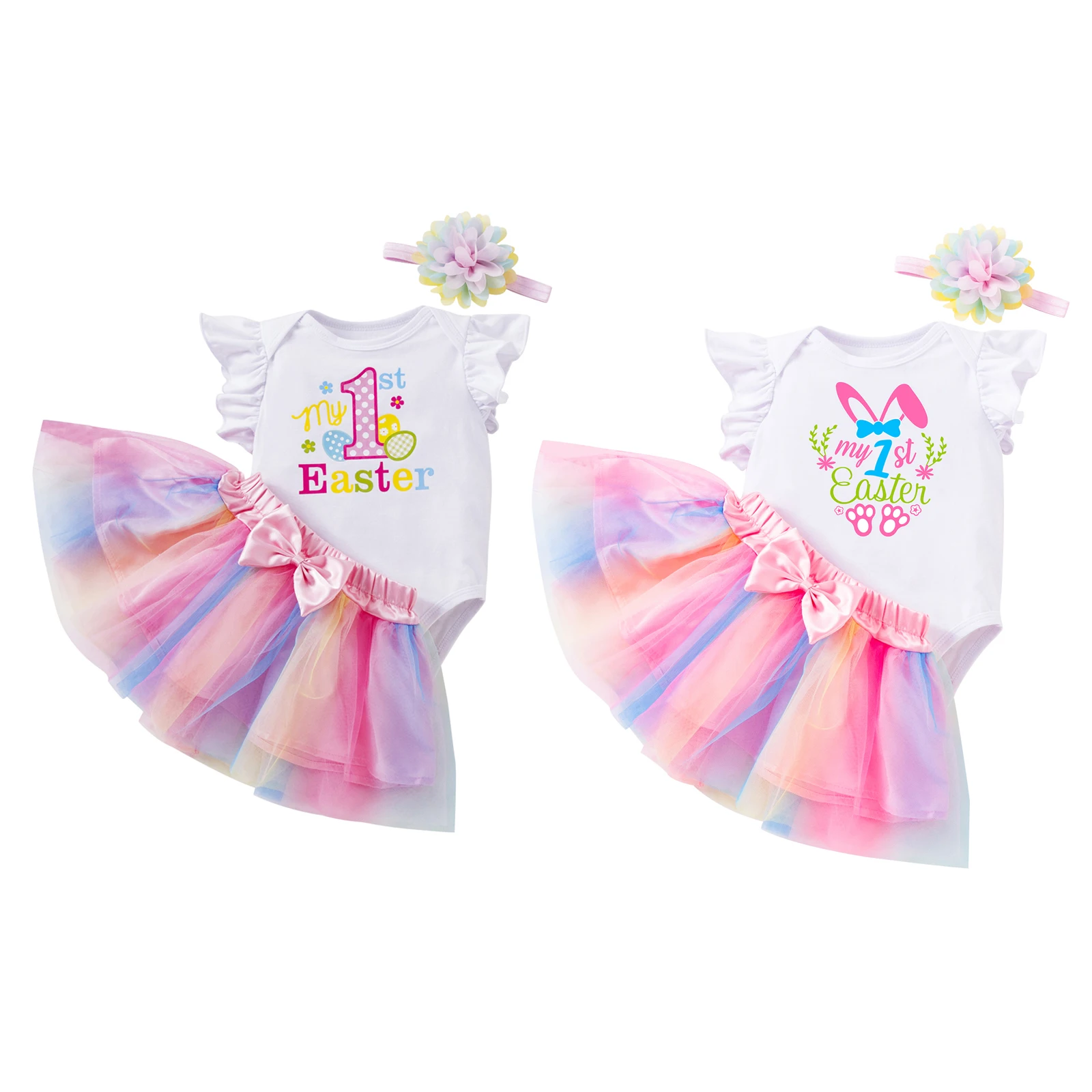 

2022-12-06 Lioraitiin 0-24M Infant Baby Girls 3Pcs Easter Outfits Fly Sleeve Letter Print Romper Tutu Skirt Flower Headband Set