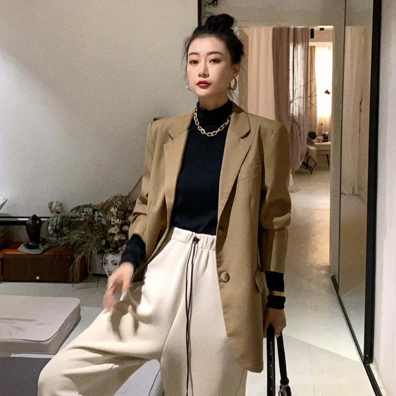 Retro Khaki Blazer Suit Women Solid Colors Single Breasted Casual Office Blazer 2021 New British Style Mid Length Commute Suit