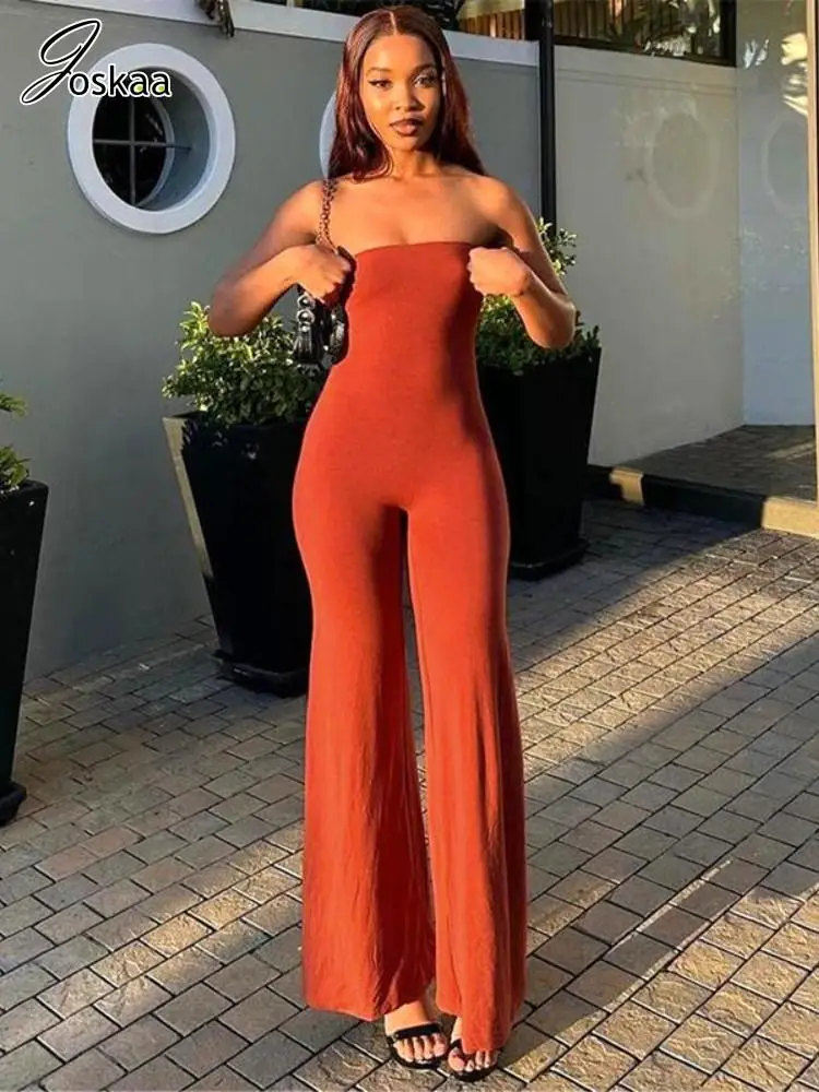 

Joskaa Solid Strapless Flared Pants Jumpsuits Women Sexy Wrap Chest Backless One Piece Rompers 2023 Fashion Overalls Streetwear