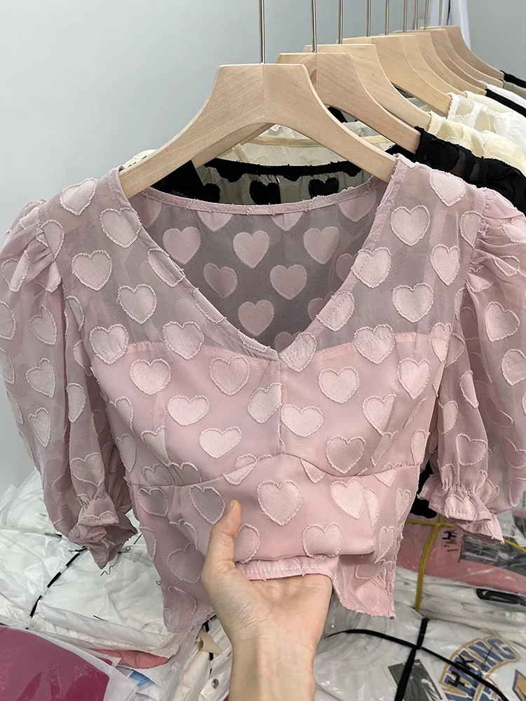 

Женская розовая блузка, рубашка, топы с коротким рукавом, модная Лоскутная сетчатая рубашка Y2k, женские шикарные черные топы, элегантные винтажные летние 2023