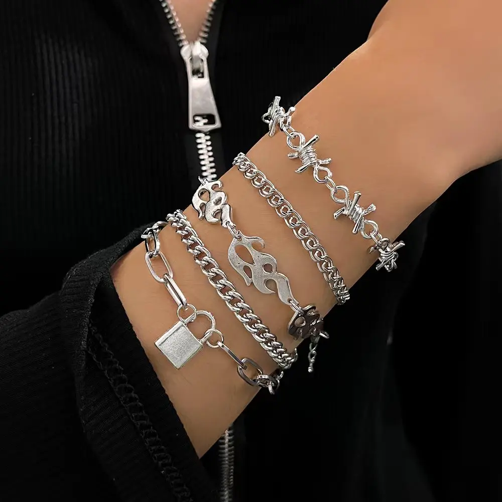 

Aprilwell 5Pcs Punk Flame Bracelets Set for Women Silver Color Geometric Lock Thorns Grunge Cuff Cube Chain Anklet Jewelry Gifts