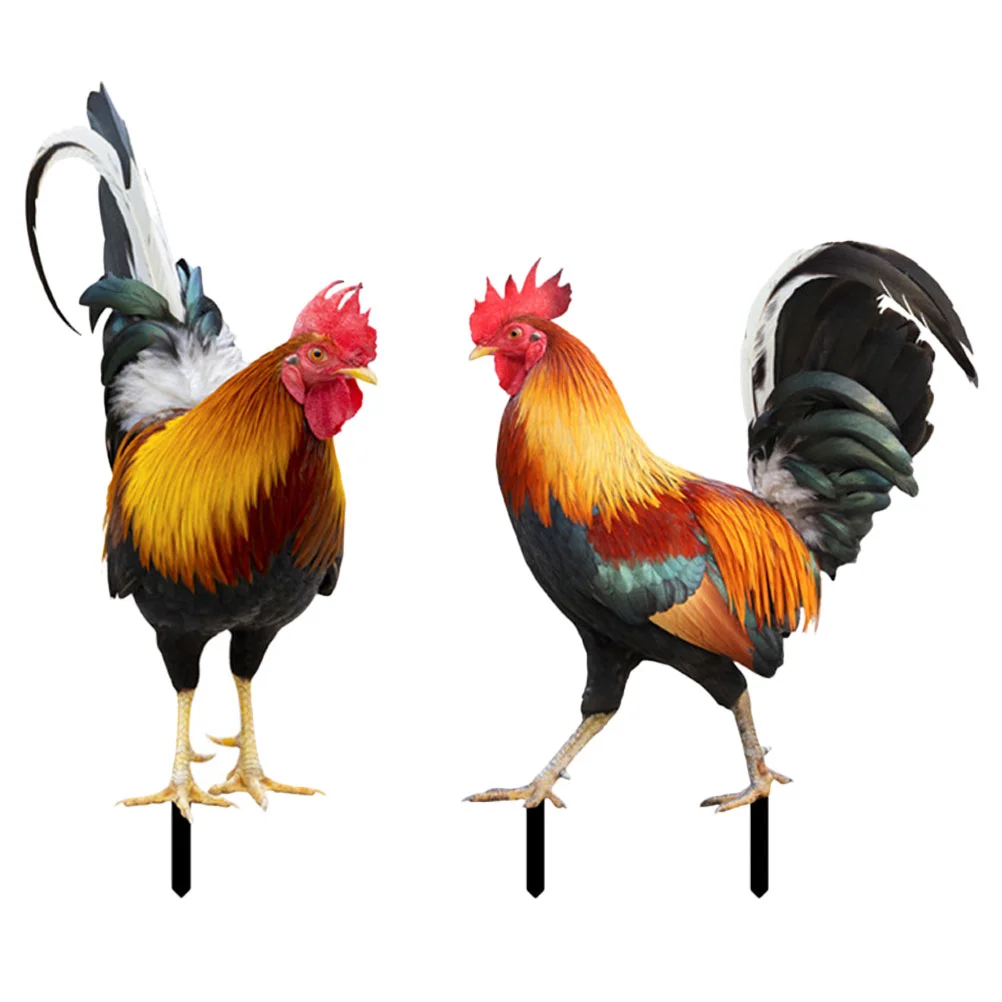 

2 Pcs Metal Outdoor Decor Rooster Garden Decoration Decorative Stakes Acrylic Inserted Ornament Sculpture Lawn