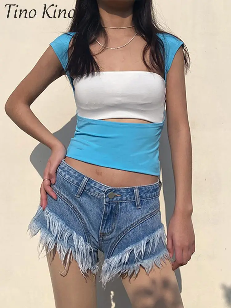 Женский укороченный топ с вырезом на спине летний круглым и коротким рукавом