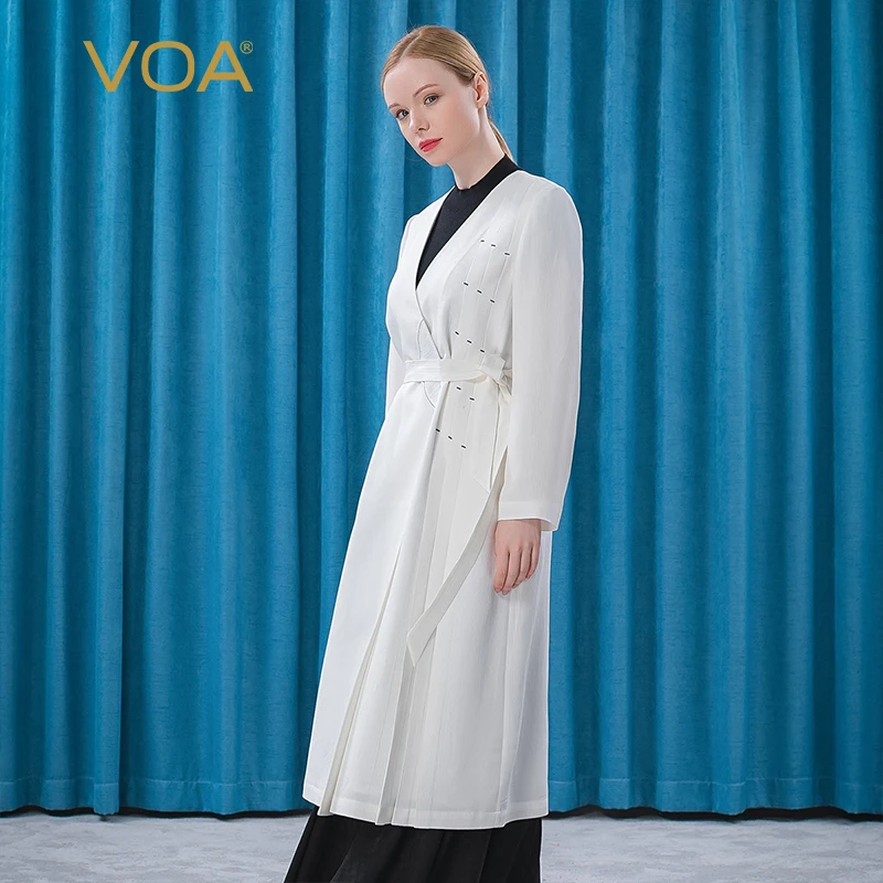 

VOA White Jacquard Silk Cross-collar Long-sleeve Buckle Belt Waist Black Line Decorative Oblique Pocket Long Windbreake FE89