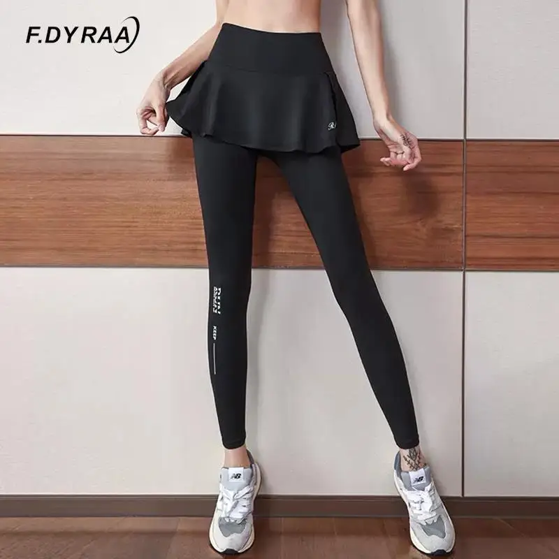 F.DYRAA Women Yoga Pants Jogginghose High Waist Elastic Pocket Leggings With Skirt Solid Gym Fitness Leggings Female Pants