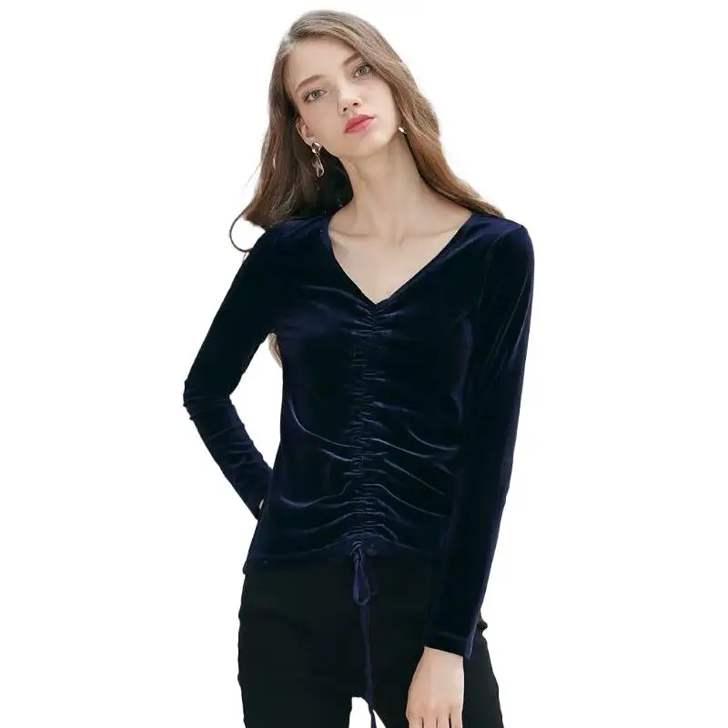

Winter Women Vintage Elegant T-Shirt Autumn Solid V-Neck Drawstring Tee Tosp Slim Fit Long Sleeve Velvet Shirts Vestidos