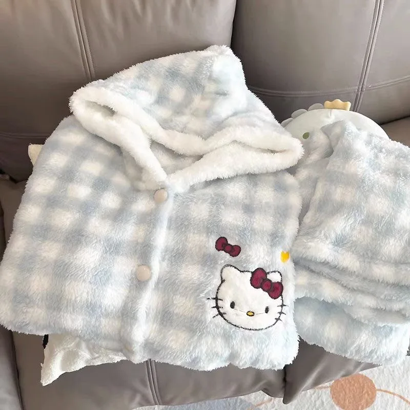 

Sanrio Hello Kitty Coral Velvet Pajamas Women's Autumn and Winter New Plus Velvet Thickened Flannel Home Clothes Set Lovely