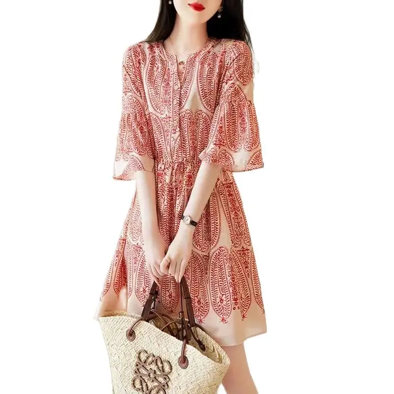

Mini Dress 2023 Summer New Fashion Print Chiffon Bandage Loose V-Neck Women's Office Waist Slim Elegant Beach Floral Dresses