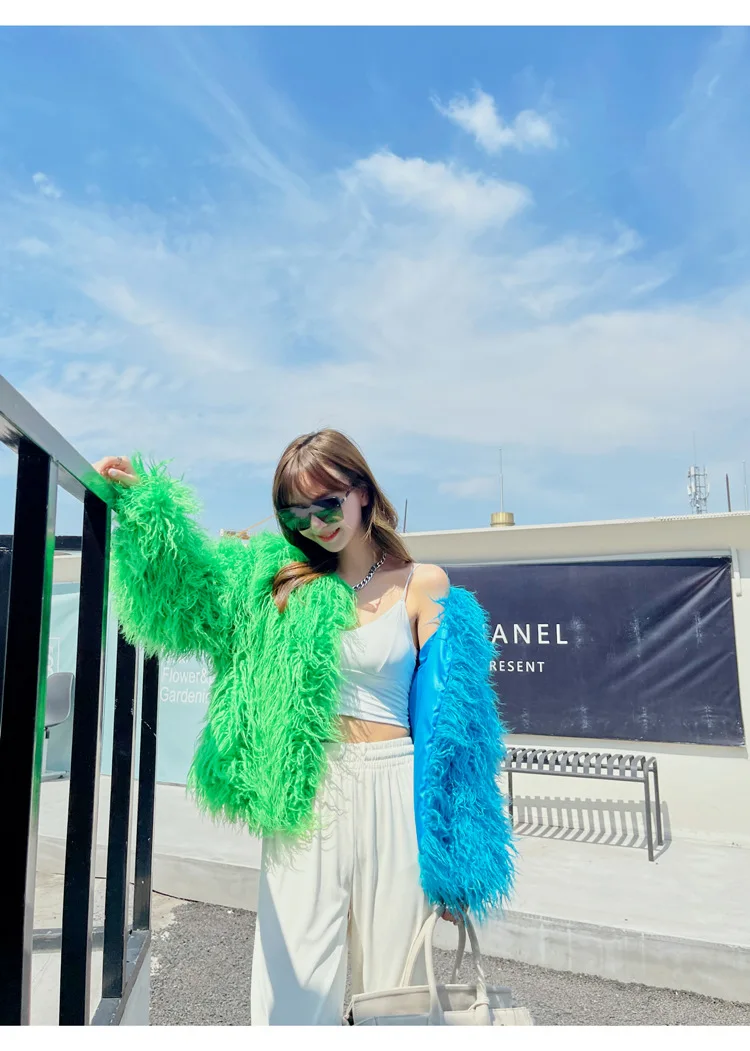 Fahion Patchwork Faux Fur Coat Women Fall Winter Color Block Fake Wool Long Sleeve Warm Streetwear Cardigan Jackets Outwear