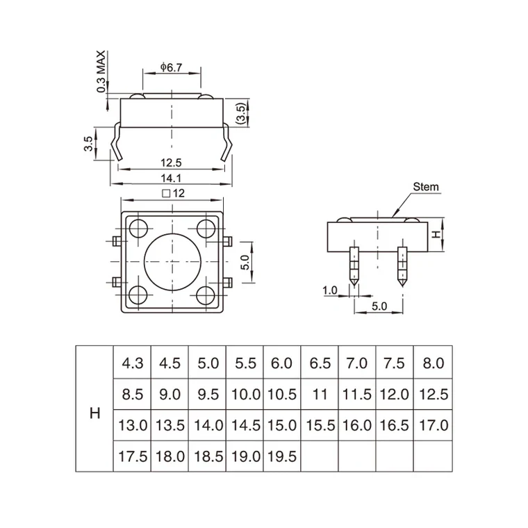 10 шт. 12x12 H = 13/13 5/14/15/16/17 мм ~ 4 3 контакта DIP мгновенное быстрое включение черный