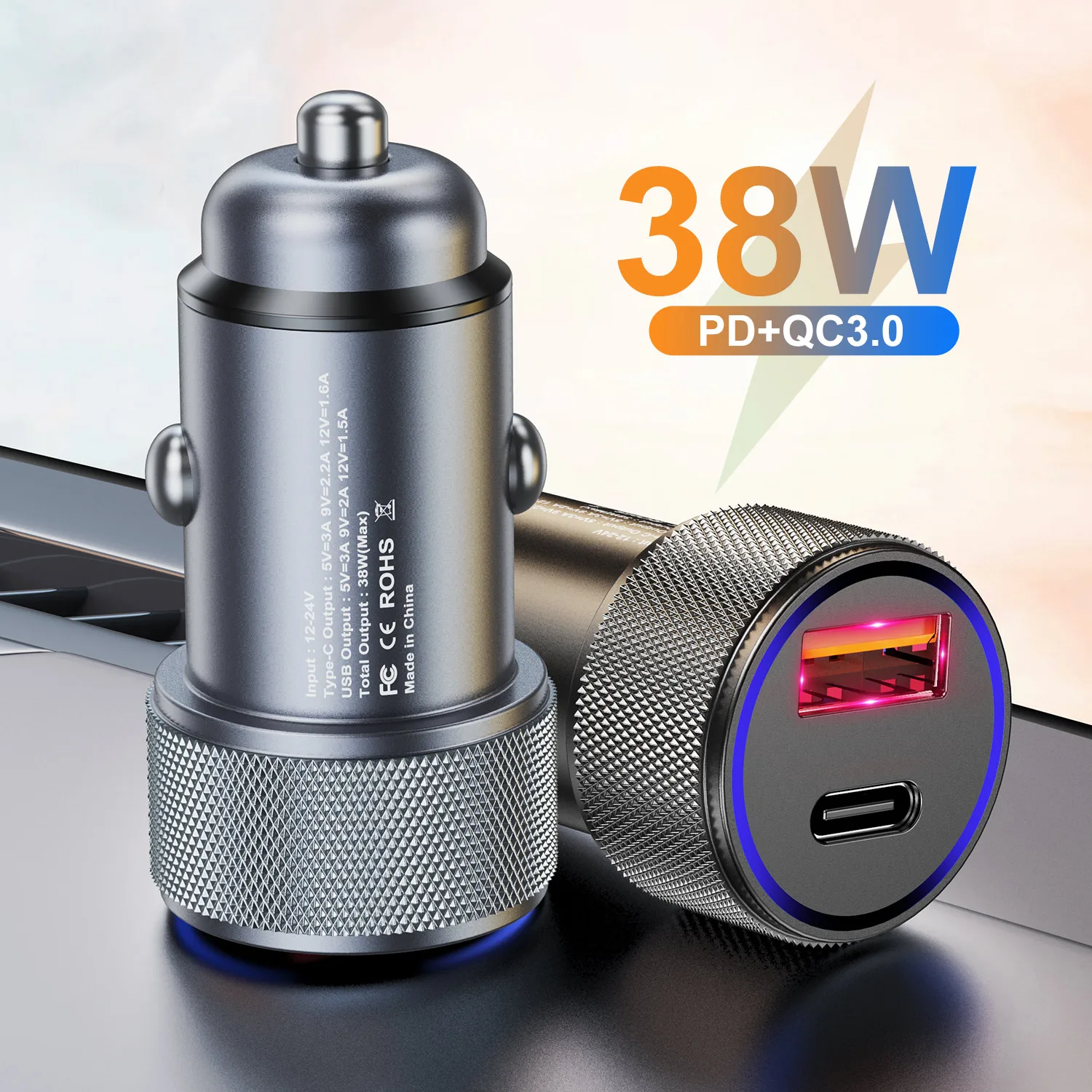 2 порта 38 Вт автомобильное зарядное устройство PD QC 3 0 USB быстрая зарядка