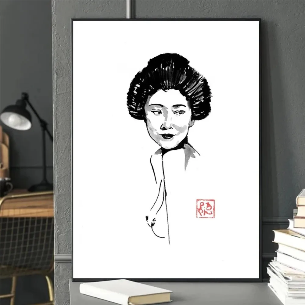 Абстрактные Черные Чернила Гейша Женщина И Зонтик Холст Принт Без Рамы Настенное