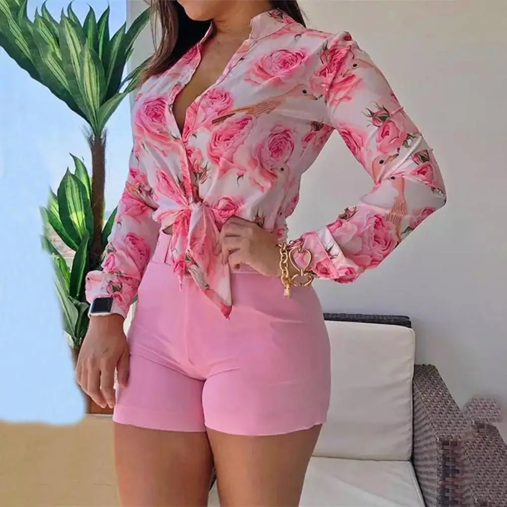 

Streetwear 1 Set Casual Printed Shirt Solid Color Shorts Female Shirt Short Pants Stand Collar for Office