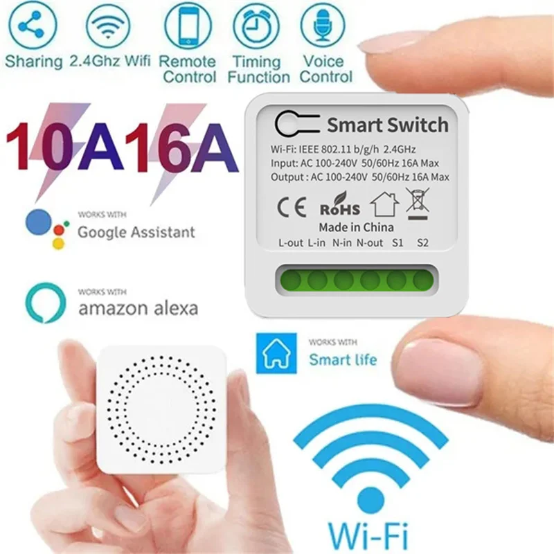 

10/16A Mini Smart Wifi Switch Concealed Dual Control Switch Modifier Automation Module Works with Alexa Google Home Smart Life