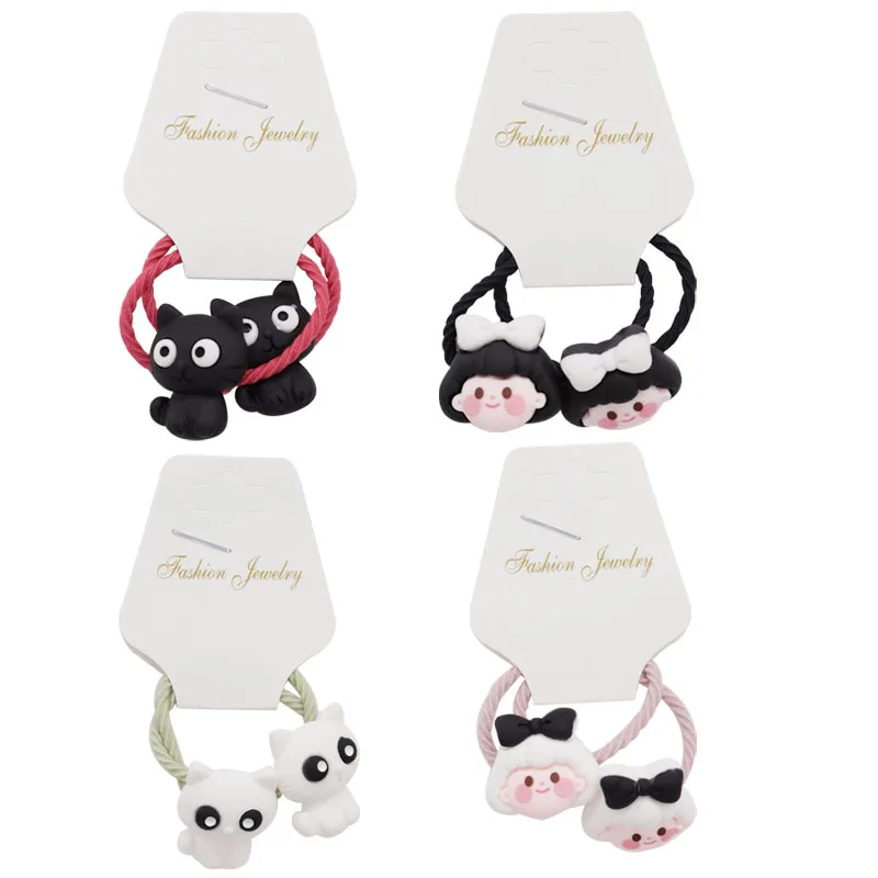 

2Pcs Girls Cat Black White Hair Accessories Children Rubber Bands Scrunchies Elastic Hair Bands Headwear Decorations Ties Gift
