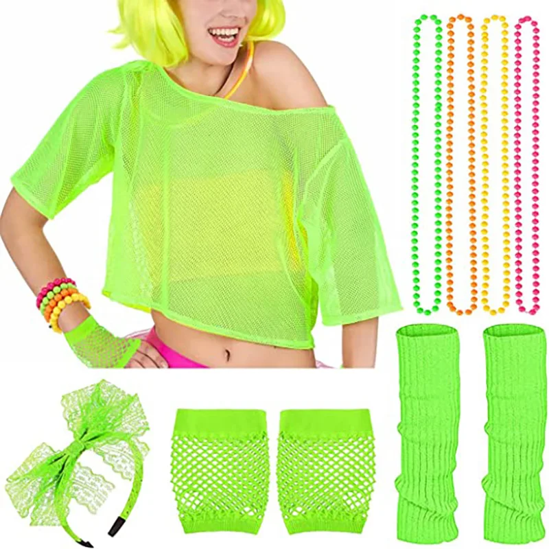 

80s Costume Accessories Set for Women Neon Mesh T-Shirt Off Shoulder Headband Necklace Leg Warmers Fishnet Gloves
