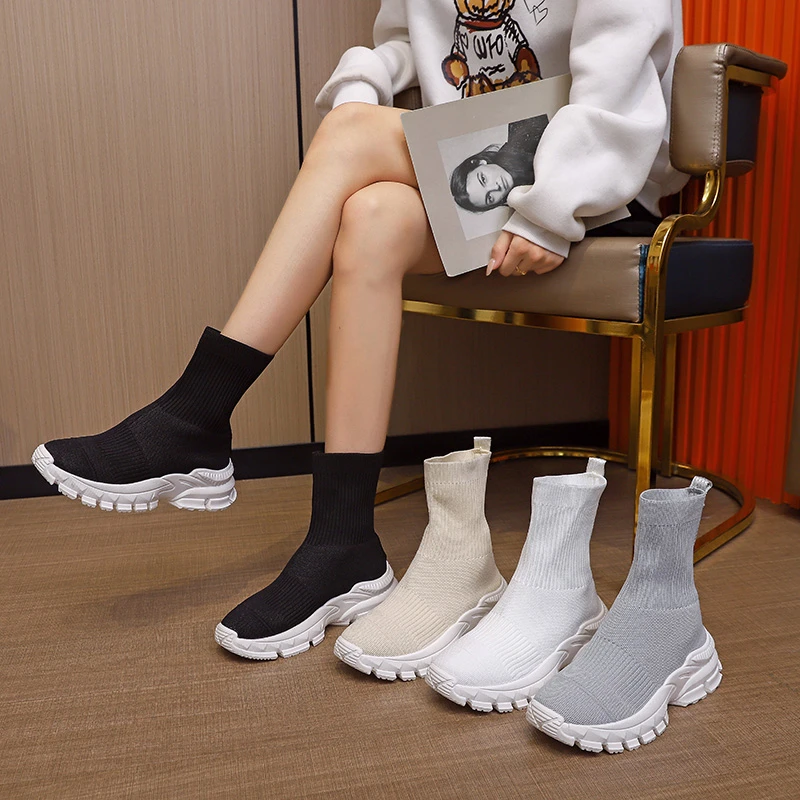 

Women's Shoes 2022 Spring New Flying Woven Ankle Boots Fashion High-top Sports Platform Shoes Knitted Sports Boots