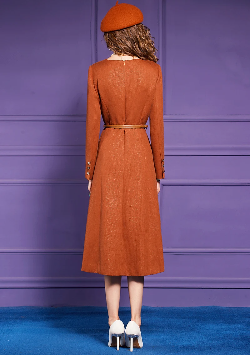 Женские элегантные осенне-зимние платья с длинным рукавом однотонное оранжевое